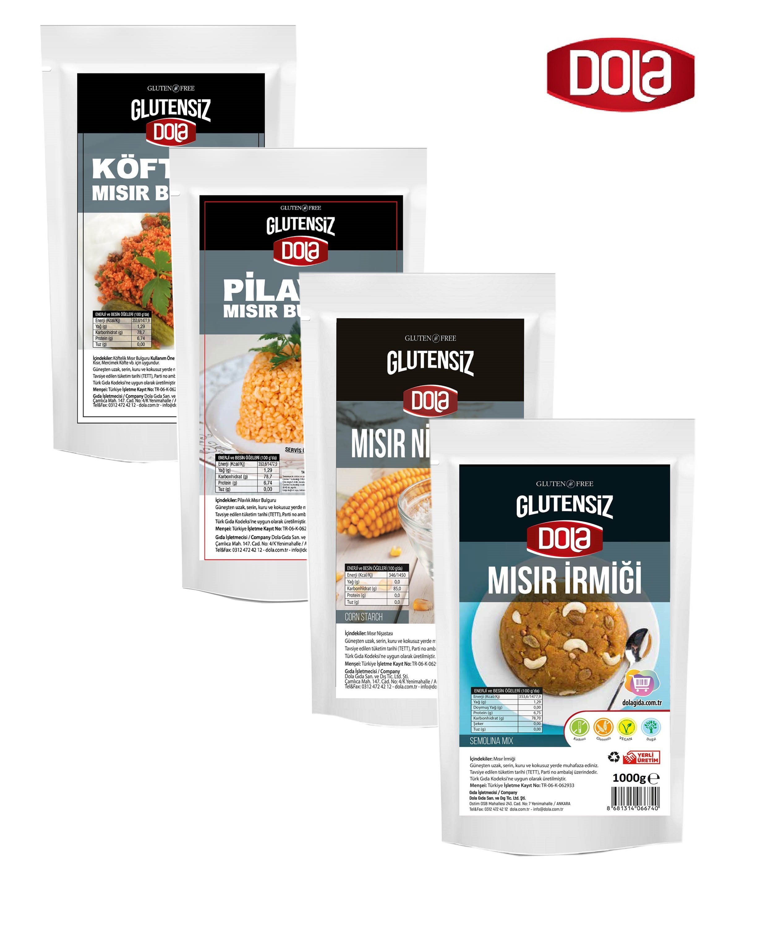 Dola 4'lü Glutensiz Set Köftelik ve Pilavlık Bulgur, Mısır Nişastası ve Mısır İrmiği 1 Kg 4 Adet