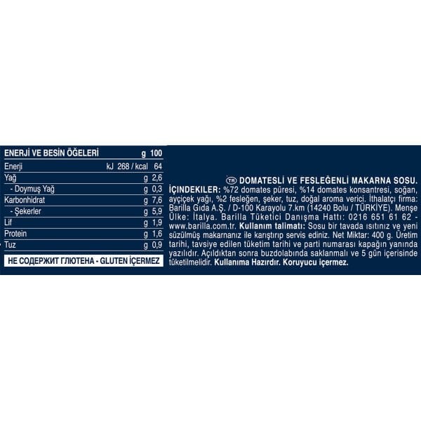 Barilla Basilico Domatesli ve Fesleğenli Makarna Sosu 400 G Glutensiz