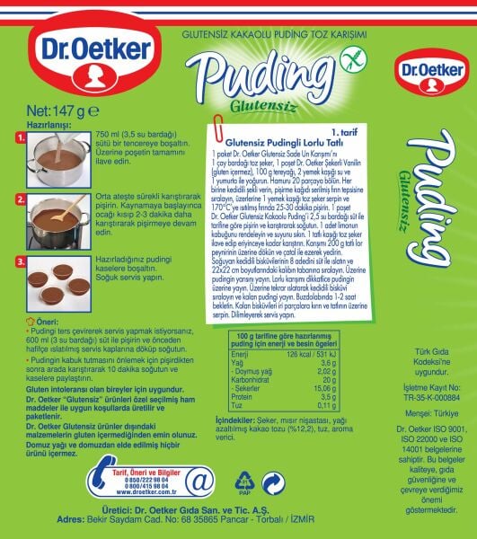 Dr. Oetker Glutensiz Kakaolu Puding 147 gr