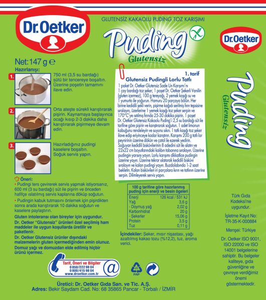 Dr. Oetker Glutensiz Kakaolu Puding 147 gr