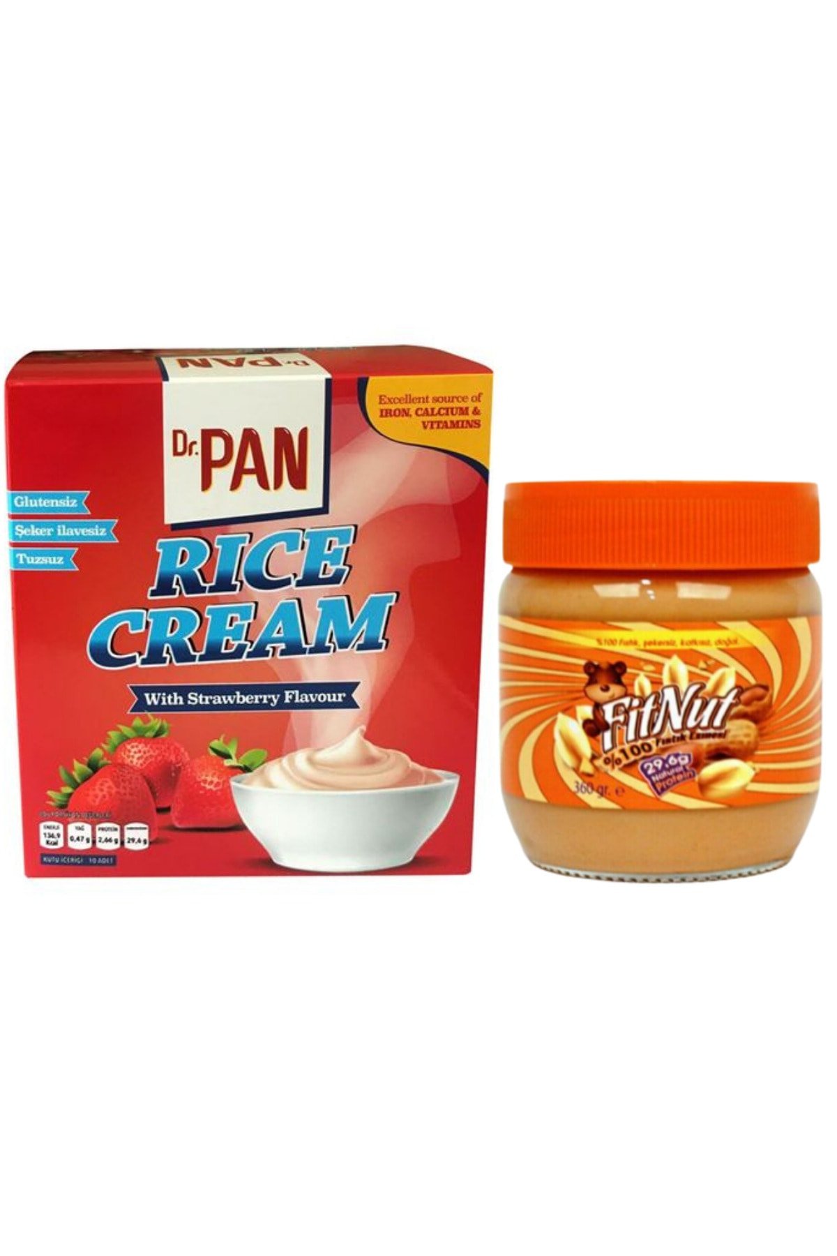 Dr. Pan Rice Cream Çilekli 400 Gr & Şekersiz Fıstık Ezmesi Sade 360 Gr - Cam