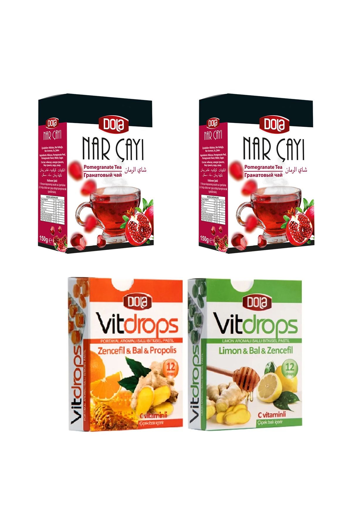 Vitdrops Boğaz Pastili & Nar Çay Paketi 4'lü Set