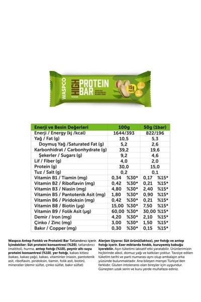 Waspco Antep Fıstıklı Yüksek Proteinli Bar 50 gr