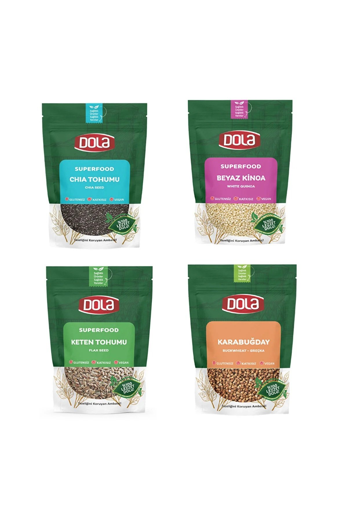 Dola Glutensiz 4’lü Tohum Seti, Chia Tohumu, Keten Tohumu, Beyaz Kinoa, Karabuğday Tane 400 gr  4 Adet