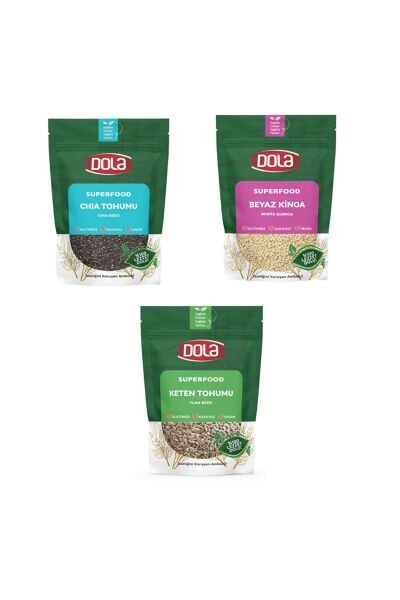 Dola Glutensiz Tohum Seti, Chia Tohumu, Keten Tohumu, Beyaz Kinoa Tohumu 400 gr 3 Adet